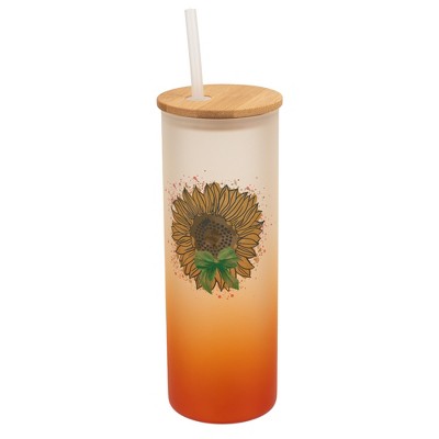 Elanze Designs 25 Ounce Frosted Glass Gradient Travel Tumbler With Straw and Wooden Lid, Sunflower Orange
