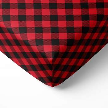 Bacati - Lumberjack Red Black Checks Plaids Printed 100 percent Cotton Universal Baby US Standard Crib or Toddler Bed Fitted Sheet