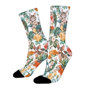 Cats Flowers Women Printed Crew Socks Funny Funky Socks Soft Polyester Novelty Gifts for Artists Men - 1 of 1