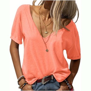 Imily Bela Womens T Shirt Deep V Neck Short Sleeve Casual Fit Basic Fashion Top - 1 of 4