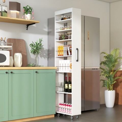 LauKingdom 7-Tier Pull-Out Narrow Storage Shelf with Rolling Casters for Kitchen, Bathroom & Living Room, White Particle Board + MDF Organizer