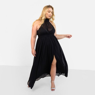 Rebdolls Women's Plus Size Elise Chiffon Halter Maxi A Line Dress W. Slit