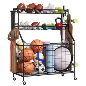 Sports Equipment Organizer,Large Capacity ，with Hooks and Baskets,Rolling Ball Cart with Wheels for Toy and Gear Organizer,Black - 1 of 4