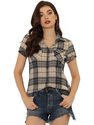 INSPIRE CHIC Women's Classic Short Sleeve Button Down Plaid Shirt