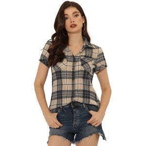 INSPIRE CHIC Women's Classic Short Sleeve Button Down Plaid Shirt - 1 of 4