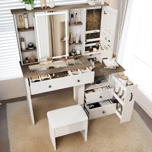 Vanity Desk with Adjustable Mirrors & 3 Lighting Colors, Makeup Vanity with Power Strip, Dressing Table Set with Drawers & Cabinets & Storage Stool - 1 of 4