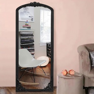 PexFix 30 in. W x 69 in. H Rustic Arched Solid Wood Framed DIY Carved Full Length Mirror in Black - 1 of 4