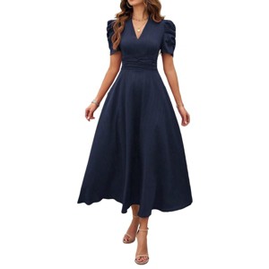 BLUEMING Womens Casual Maxi Dresses Puff Sleeve V Neck Flowy Vacation High Waist Boho Pleated Dresses - 1 of 4
