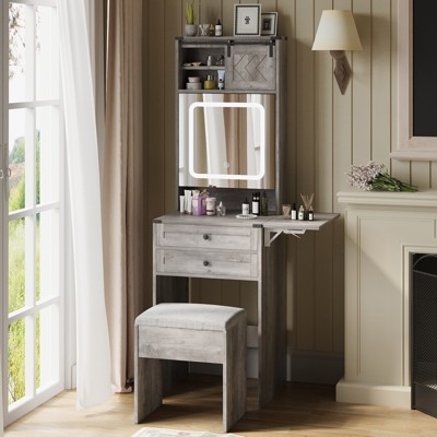 ELECWISH Small Vanity Table with Mirror, Chair and Storage Stool