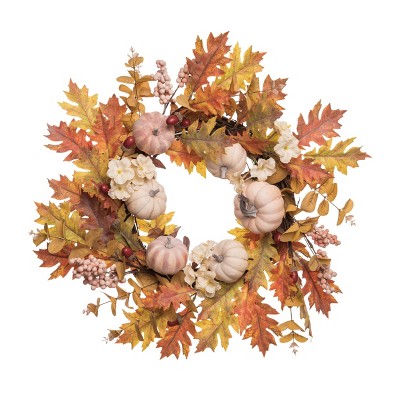 Transpac Fabric 24 in. Multicolor Harvest Pumpkin and Leaves Wreath