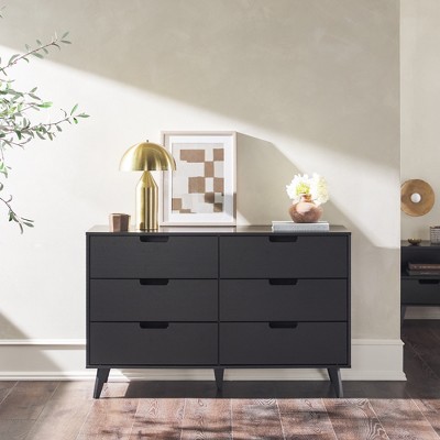SKRAN 6-Drawer Cut-Out Handles Dresser, Wood Double Dresser, Storage Cabinet TV Stand with Sturdy Angled Legs for Living Room, Hallway (Black)