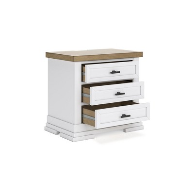 White and Beige 3-Drawer Nightstand with USB Ports