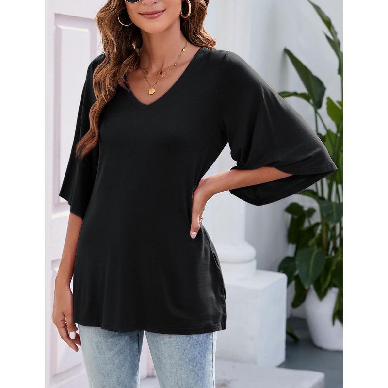 Whizmax Women's 3/4 Bell Sleeve Shirt Loose Fit V Neck Blouse Cute Tops, 3 of 7