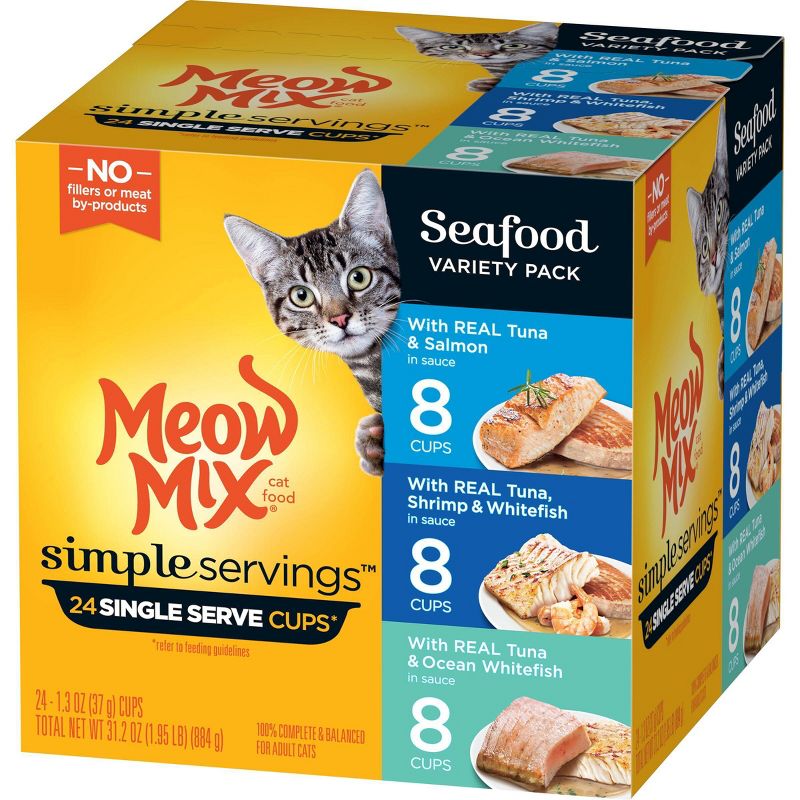 Meow Mix Simple Servings Salmon, Fish, Seafood, Tuna and Shrimp Flavor Wet Cat Food - 1.3oz/24ct Variety Pack, 5 of 10