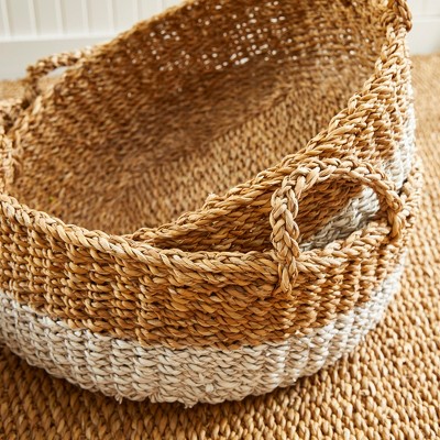 Natural and White Seagrass Shallow Storage Baskets with Handles, Set of 3