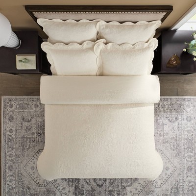 Ivory Cotton Full Bedspread Set with Scalloped Edges