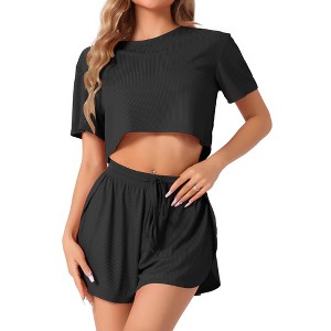 INSPIRE CHIC Women's Short Sleeve Ribbed Knit Side Slits Shorts Pajama Sets 2 Pcs - 1 of 4
