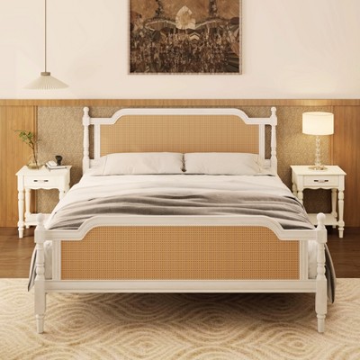 Grungis Traditional Queen Size Bed Frame,Rustic Style Solid Wood Bed with Headboard,Rattan Platform Bed for Bedroom