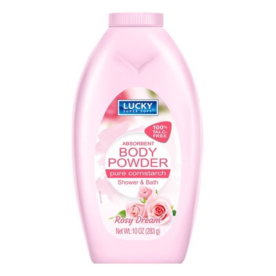 Lucky Super Soft Body Powder. All Day Moisture and Odor Protection. Rosy Dream Fragrance. Cornstarch Based. Talc Free. 10 Oz / 283 G