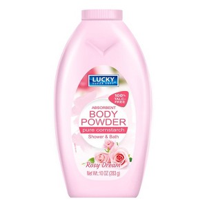 Lucky Super Soft Body Powder. All Day Moisture and Odor Protection. Rosy Dream Fragrance. Cornstarch Based. Talc Free. 10 Oz / 283 G - 1 of 3