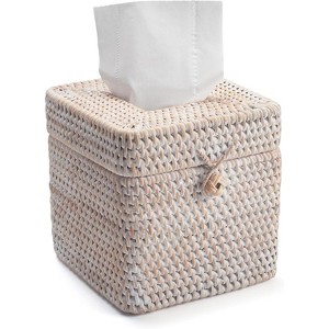 Natural Woven Rattan Tissue Box Cover with Lid, Square 5.7x5.7x5.5 Inch Facial Napkin Holder for Home Decor - 1 of 4
