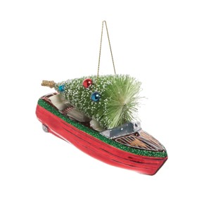 Gallerie II Runabout Boat with Tree Lodge Lake Cabin Glass Christmas Xmas Ornament - 1 of 2