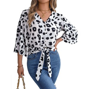 Women's 3/4 Bell Sleeve V Neck Blouse Tie Front Knot Leopard Print Summer Casual Crop Top - 1 of 4