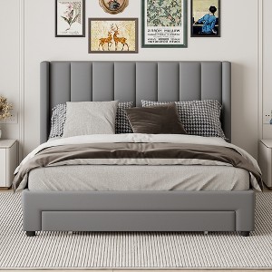 Whisen Modern Design Velvet Upholstered Platform Bed with Storage Drawer - 1 of 4