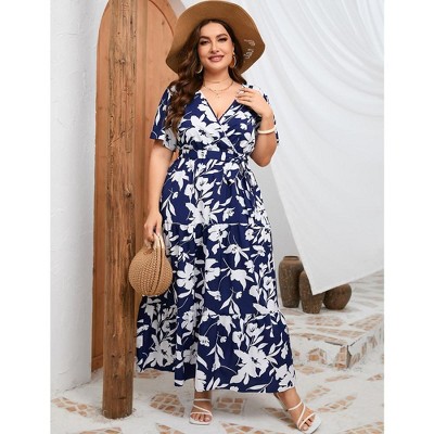 Women Plus Size Maxi Dress V Neck Summer Dress Short Sleeve Long Dress High Waist Ruffle Casual Dress with Belt