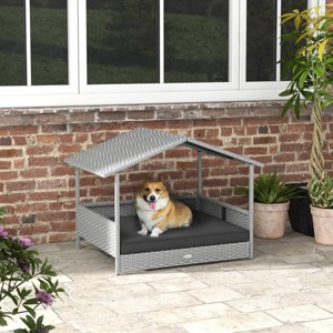 LAOTIES Wicker Dog House Outdoor with Canopy,Elevated Rattan Dog Bed with Water-Resistant Cushion - 1 of 4