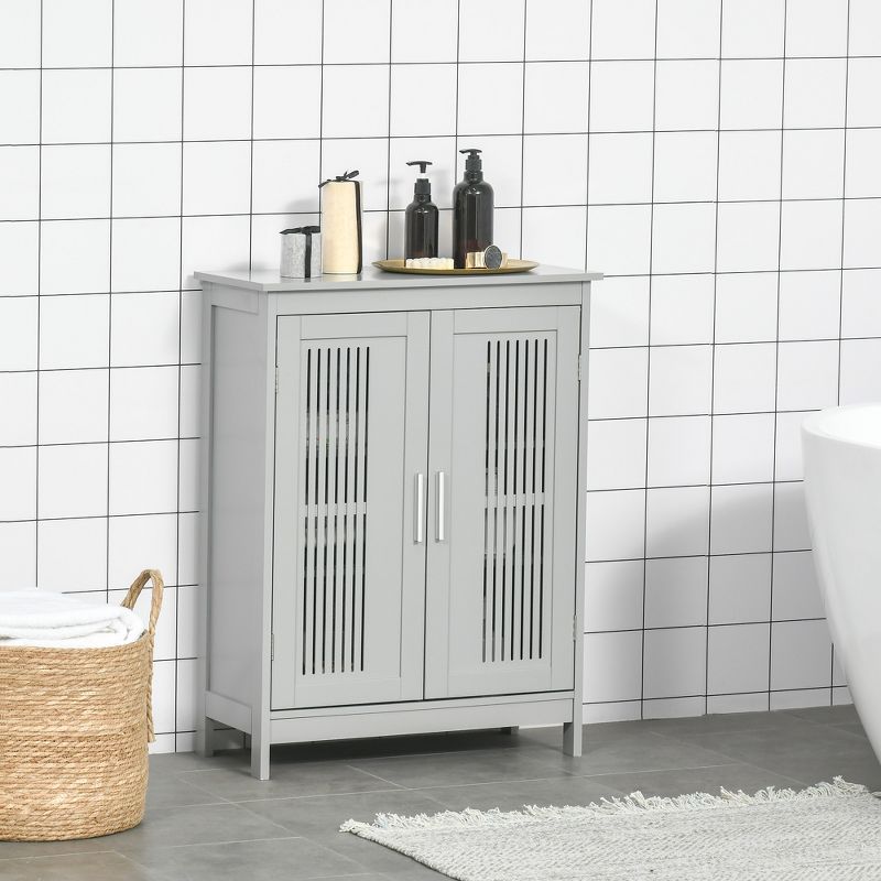 kleankin Modern Bathroom Floor Cabinet, Free Standing Linen Cabinet, Storage Cupboard with 3 Tier Adjustable Shelves, Gray, 3 of 7