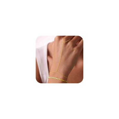 Turandoss 2PCS Gold Hand Chain Bracelet for Women - Dainty 18K Gold Layered Link Chains, Finger Ring Hand bracelets Stack, Christmas Gifts, 6+2In