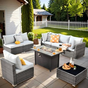 Ovios Venice 8pc Wicker Outdoor Patio Furniture Set Conversation Sofa with a Metal Fire Pit and Cushions - 1 of 4