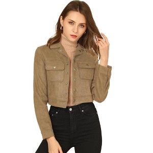 INSPIRE CHIC Women's Casual Faux Suede Notched Collar Button Up Cropped Jacket with Pockets - 1 of 4