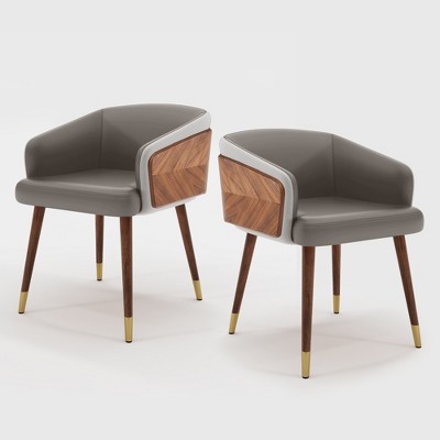 ARTPLAN Mid Century Modern Dining Chair Set of 2,Faux Leather Uphoolsted Accent Arm Chair,Walnut with Beech Feet for Dining Room/Home Office