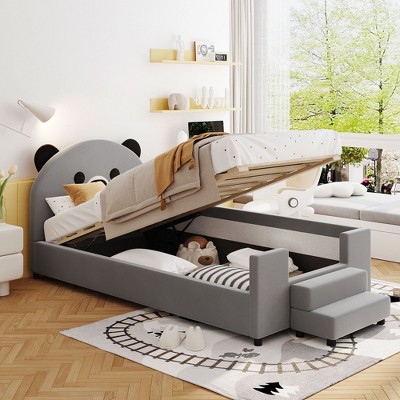 NicBex Twin Size Upholstered Daybed with Bear Shaped Headboard,Hydraulic System and Breathable Mesh Fence