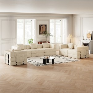 6-Seater Corduroy Fabric Folding Convertible Sofa Bed with Side Storage Pockets, Cushions Included, Space-Saving for Living Room, Bedroom, and Study - 1 of 4