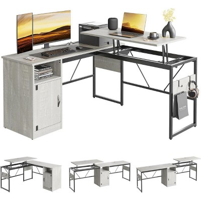 Bestier Versatile 60" L-Shaped Standing Desk, Lift Top Corner Desk Extending to 95" Tall with Storage Cabinet and Hooks for Home Office
