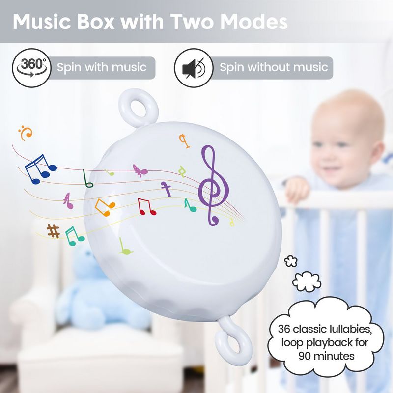 Whizmax Baby Crib Mobile with Music Motor Spinner,Musical Crib Toys for Infants 0-6 Months Girls and Boys,Crib Mount Mobiles with 36 lullabies, Gray, 4 of 7