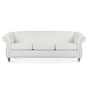 TiramisuBest 84.65" Brown PU Leather Sofa,Rolled Arm 3-Seater with Deep Tufting & Birch Legs - 1 of 4