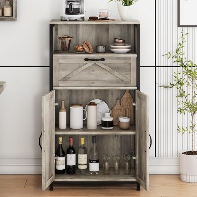 Farmhouse Storage Cabinet, Floor Cabinet with Barn Doors and Drawer, Wood Kitchen Cabinet with Metal Frame