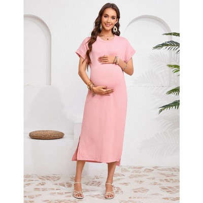 Women's Rib Knit Split Maternity Dresses Short Sleeve Pregnancy Tshirt Dresses Baby Shower Outfits