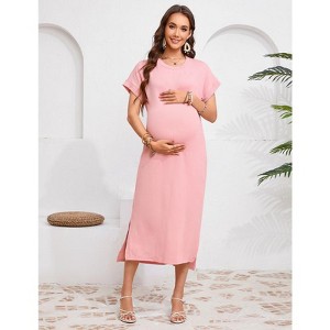 Women's Rib Knit Split Maternity Dresses Short Sleeve Pregnancy Tshirt Dresses Baby Shower Outfits - 1 of 4