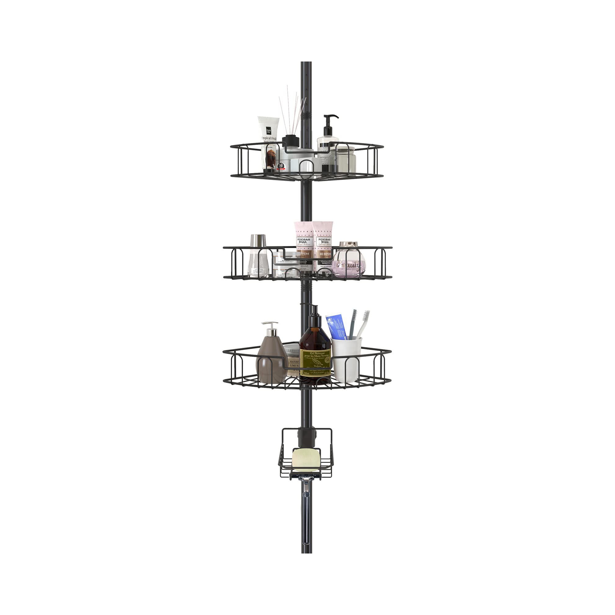 Aoibox Rustproof Adjustable Shower Caddy with 4 Baskets, Tension Pole Organizer for Bathroom Essentials, Black