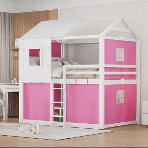 Racxily Bunk Wood House Bed with Tent - 1 of 4