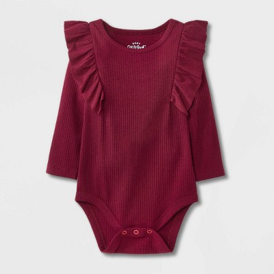 Baby Girls' Rib Ruffle Long Sleeve Bodysuit - Cat & Jack™ Burgundy Newborn