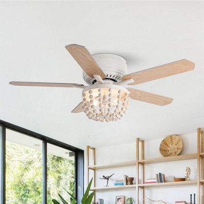 Parrot Uncle 48" Farmhouse White Wood Bread Flush Mount Ceiling Fan with Light and Remote