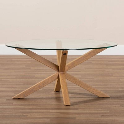 Round Glass and Wood Sculptural Coffee Table