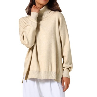 INSPIRE CHIC Women's Mock Neck Pullover Drop Shoulder Long Sleeve Side Slit Sweater