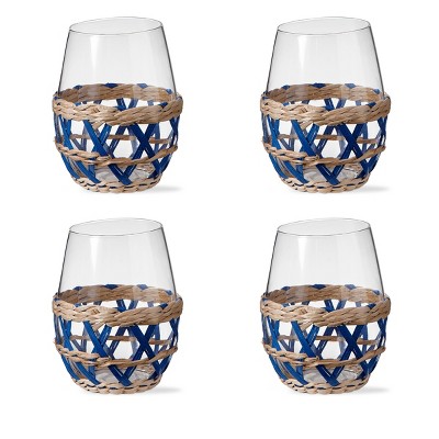 TAG 16 oz.Island Clear Glass with Blue Straw Sleeve Dishwasher Safe Beverage Glassware  Dinner Party Wedding Resturant Set 4